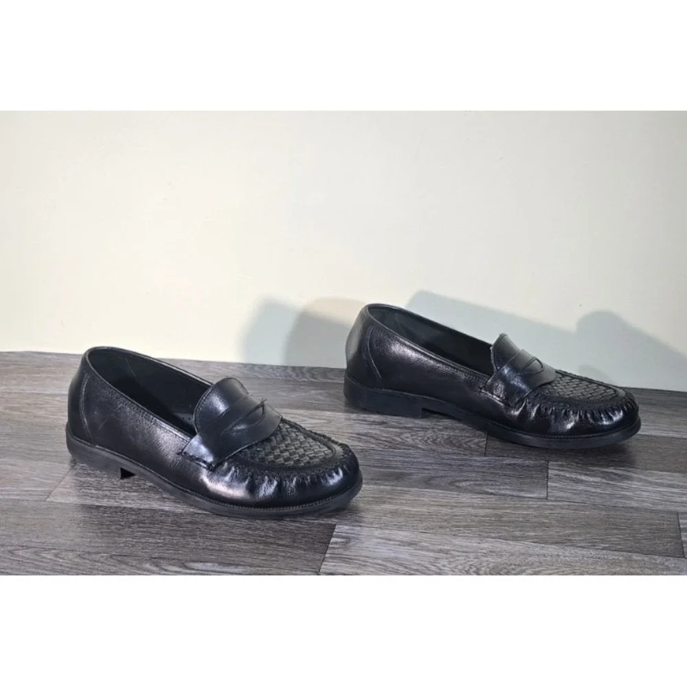 George‎ Men's Leather Slip-On Loafers US 8.5W Black Penny Loafer Woven Toe